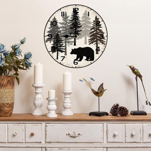 Bear Forest Wall Clock Vintage Wooden Wildlife Deer Clocks Battery Operated Silent Quartz Rustic Round Decorative Clock for Home Lodge Living Room Bedroom 12 in in Saudi Arabia
