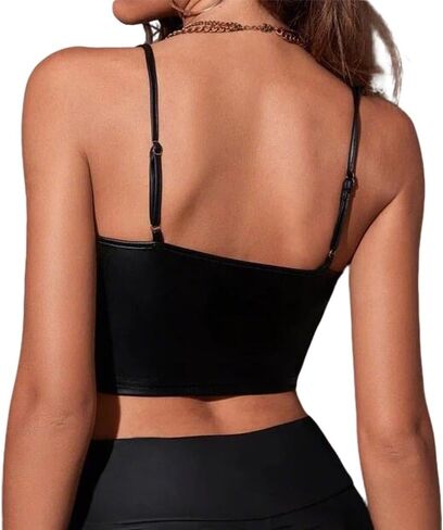 Women Lace Up PU Leather Bralette V Neck Spaghetti Strap Cami Crop Top in Saudi Arabia