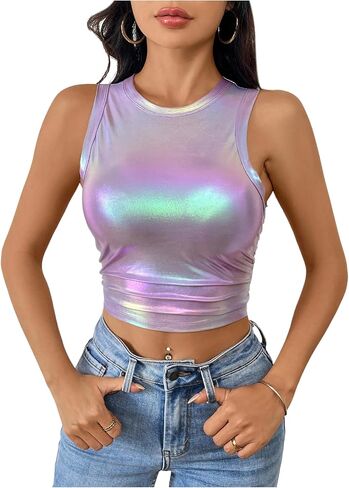 Floerns Women's Metallic Glitter Crew Neck Tank Top Ruched Sleeveless Party Crop Tops in Saudi Arabia