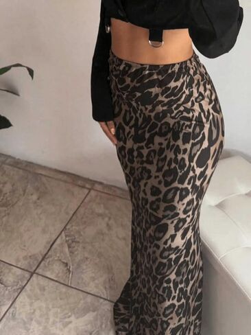Women’s Brown Leopard Print Skirt – Festival/Streetwear Animal Print Midi Skirt for Going Out in Saudi Arabia