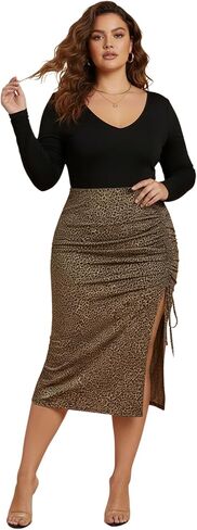 Women's Plus Size Leopard Print Ruched Skirt Vintage High Waisted Bodycon Split Midi Going Out Skirts in Saudi Arabia