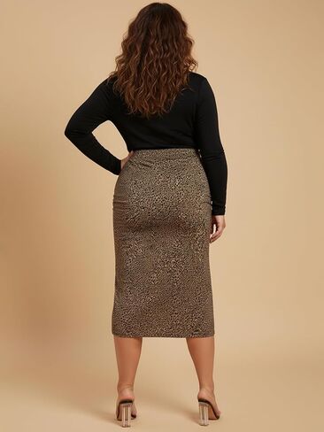 تنورة نسائية مقاس كبير بطباعة الفهد Ruched تنورة كلاسيكية عالية الخصر Bodycon سبليت ميدي تنانير للخروج in Kuwait