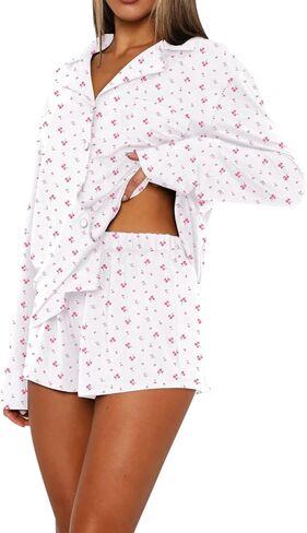 أطقم بيجامات Dressmine للنساء مكونة من قطعتين شورت لطيف بأزرار لأعلى مجموعة Pjs ملابس نوم للخريف وأكمام طويلة أطقم ملابس للاستلقاء in Kuwait