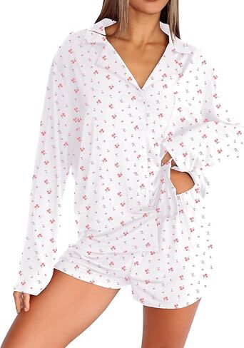 أطقم بيجامات Dressmine للنساء مكونة من قطعتين شورت لطيف بأزرار لأعلى مجموعة Pjs ملابس نوم للخريف وأكمام طويلة أطقم ملابس للاستلقاء in Kuwait