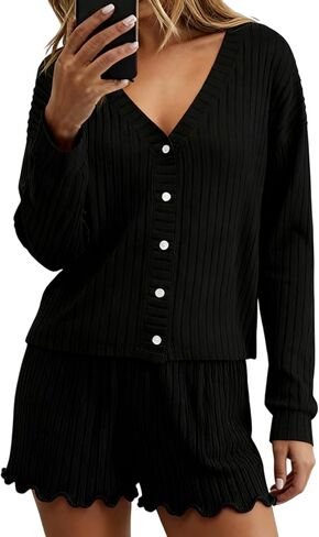 أطقم بيجامات Dressmine للنساء مكونة من قطعتين شورت لطيف بأزرار لأعلى مجموعة Pjs ملابس نوم للخريف وأكمام طويلة أطقم ملابس للاستلقاء in Kuwait