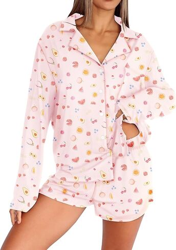 أطقم بيجامات Dressmine للنساء مكونة من قطعتين شورت لطيف بأزرار لأعلى مجموعة Pjs ملابس نوم للخريف وأكمام طويلة أطقم ملابس للاستلقاء in Kuwait
