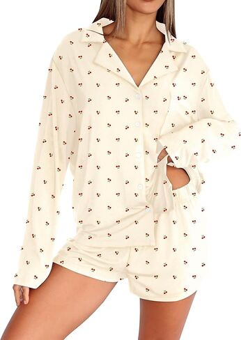 أطقم بيجامات Dressmine للنساء مكونة من قطعتين شورت لطيف بأزرار لأعلى مجموعة Pjs ملابس نوم للخريف وأكمام طويلة أطقم ملابس للاستلقاء in Kuwait