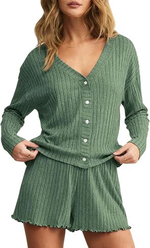 أطقم بيجامات Dressmine للنساء مكونة من قطعتين شورت لطيف بأزرار لأعلى مجموعة Pjs ملابس نوم للخريف وأكمام طويلة أطقم ملابس للاستلقاء in Kuwait