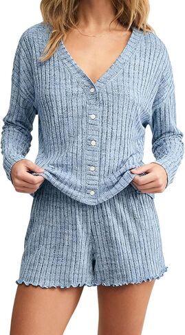 أطقم بيجامات Dressmine للنساء مكونة من قطعتين شورت لطيف بأزرار لأعلى مجموعة Pjs ملابس نوم للخريف وأكمام طويلة أطقم ملابس للاستلقاء in Kuwait