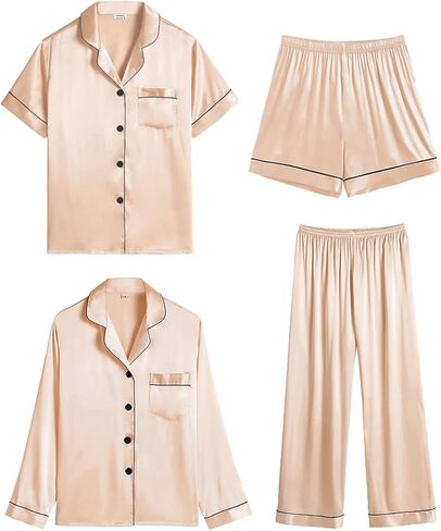 SWOMOG Women 4Pcs Silk Pajamas Set Button Down Sleepwear Loungewear Pj Sets for Ladies Nightwear in Saudi Arabia