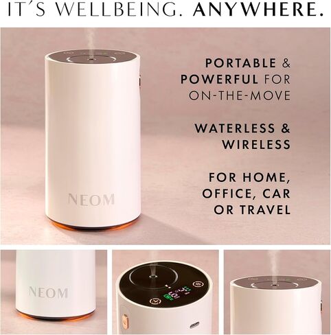 NEOM Wellbeing Pod Mini+ موزع روائح الزيوت العطرية، أبيض I بدون ماء ولاسلكي I محمول ومتعدد الاستخدامات - السيارة أو المكتب أو المنزل I ما يصل إلى 125 ساعة من استخدام العطور الطبيعية لكل شحنة in Kuwait