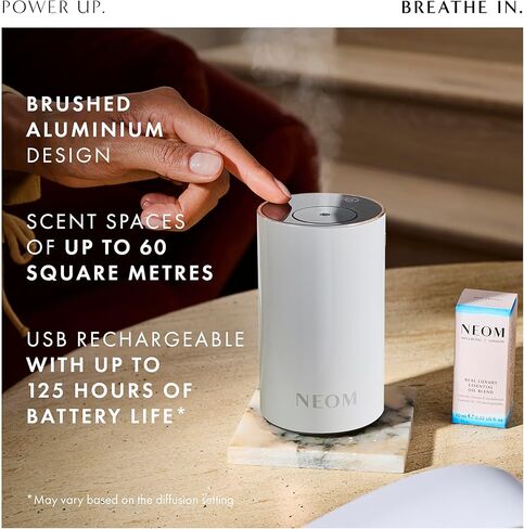 NEOM Wellbeing Pod Mini+ موزع روائح الزيوت العطرية، أبيض I بدون ماء ولاسلكي I محمول ومتعدد الاستخدامات - السيارة أو المكتب أو المنزل I ما يصل إلى 125 ساعة من استخدام العطور الطبيعية لكل شحنة in Kuwait