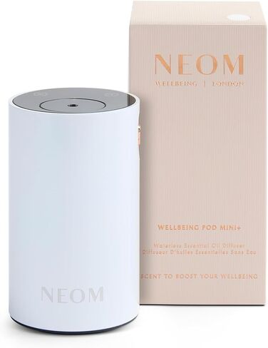 NEOM Wellbeing Pod Mini+ موزع روائح الزيوت العطرية، أبيض I بدون ماء ولاسلكي I محمول ومتعدد الاستخدامات - السيارة أو المكتب أو المنزل I ما يصل إلى 125 ساعة من استخدام العطور الطبيعية لكل شحنة in Kuwait
