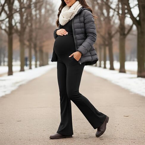Sunzel Fleece Lined Maternity Flare Leggings for Women, Over Belly Yoga Pants with Pockets for Winter in Saudi Arabia