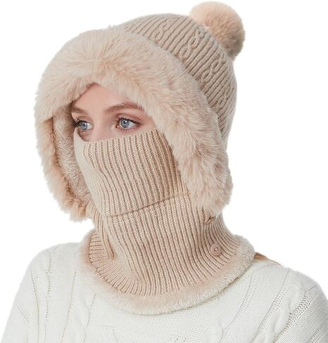 Women’s Winter Knitted Beanie Hat Fleece Lined Winter Balaclava with Mask Hooded Scarf Snow Cap for Cold Weather & Outdoor in Saudi Arabia
