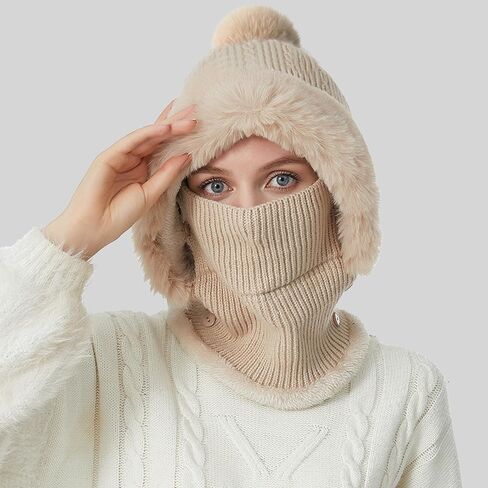 Women’s Winter Knitted Beanie Hat Fleece Lined Winter Balaclava with Mask Hooded Scarf Snow Cap for Cold Weather & Outdoor in Saudi Arabia