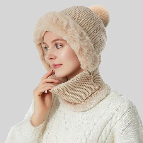 Women’s Winter Knitted Beanie Hat Fleece Lined Winter Balaclava with Mask Hooded Scarf Snow Cap for Cold Weather & Outdoor in Saudi Arabia