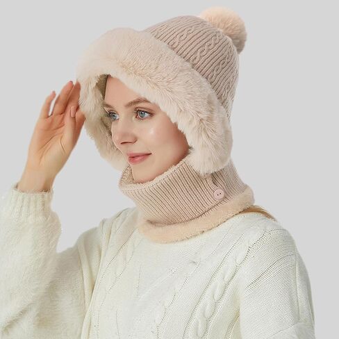 Women’s Winter Knitted Beanie Hat Fleece Lined Winter Balaclava with Mask Hooded Scarf Snow Cap for Cold Weather & Outdoor in Saudi Arabia