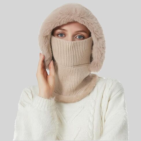 Women’s Winter Knitted Beanie Hat Fleece Lined Winter Balaclava with Mask Hooded Scarf Snow Cap for Cold Weather & Outdoor in Saudi Arabia