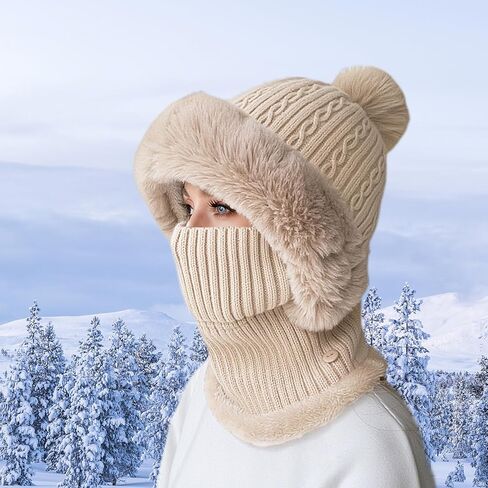 Women’s Winter Knitted Beanie Hat Fleece Lined Winter Balaclava with Mask Hooded Scarf Snow Cap for Cold Weather & Outdoor in Saudi Arabia