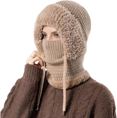 Women’s Winter Knitted Beanie Hat Fleece Lined Winter Balaclava with Mask Hooded Scarf Snow Cap for Cold Weather & Outdoor in Saudi Arabia