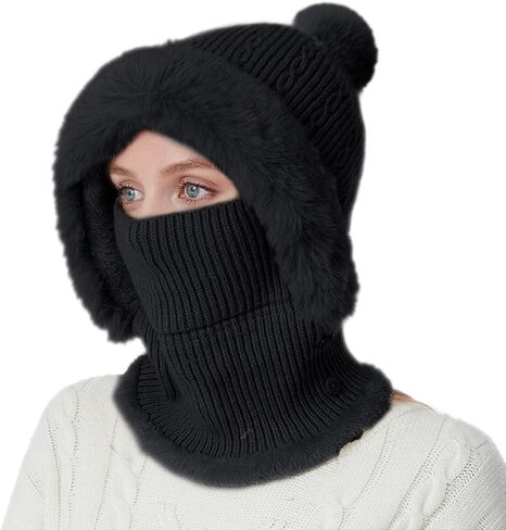 Women’s Winter Knitted Beanie Hat Fleece Lined Winter Balaclava with Mask Hooded Scarf Snow Cap for Cold Weather & Outdoor in Saudi Arabia