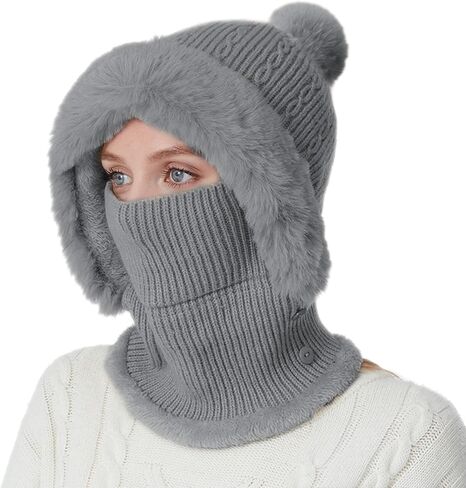 Women’s Winter Knitted Beanie Hat Fleece Lined Winter Balaclava with Mask Hooded Scarf Snow Cap for Cold Weather & Outdoor in Saudi Arabia