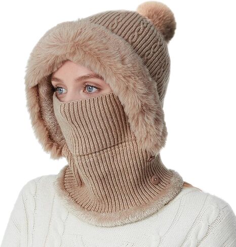 Women’s Winter Knitted Beanie Hat Fleece Lined Winter Balaclava with Mask Hooded Scarf Snow Cap for Cold Weather & Outdoor in Saudi Arabia