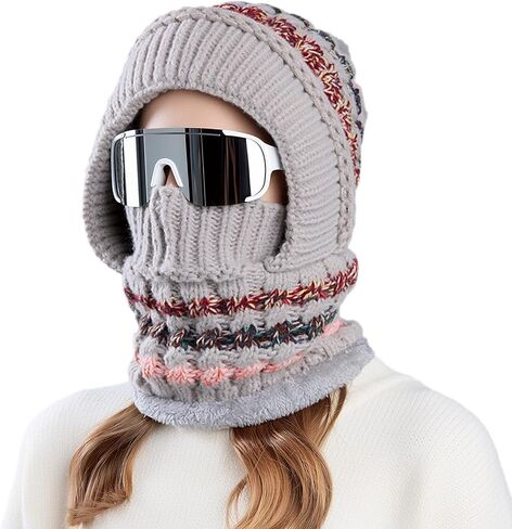Women’s Winter Knitted Beanie Hat Fleece Lined Winter Balaclava with Mask Hooded Scarf Snow Cap for Cold Weather & Outdoor in Saudi Arabia
