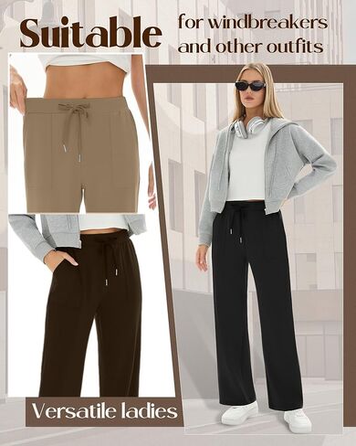 3 Pack Women's Wide Leg Sweatpants Baggy Workout High Waist Drawstring Jogger Fall Lounge Yoga Pants with Pockets(Black, Brown, Khaki,Medium) in Saudi Arabia