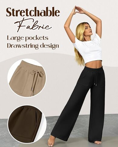 3 Pack Women's Wide Leg Sweatpants Baggy Workout High Waist Drawstring Jogger Fall Lounge Yoga Pants with Pockets(Black, Brown, Khaki,Medium) in Saudi Arabia