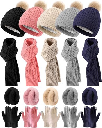 20 Pcs Women Winter Beanie Hat Scarf Gloves Earmuff Set Knit Pompom Hats Warm Scarves Touchscreen Gloves Ear Warmer in Saudi Arabia