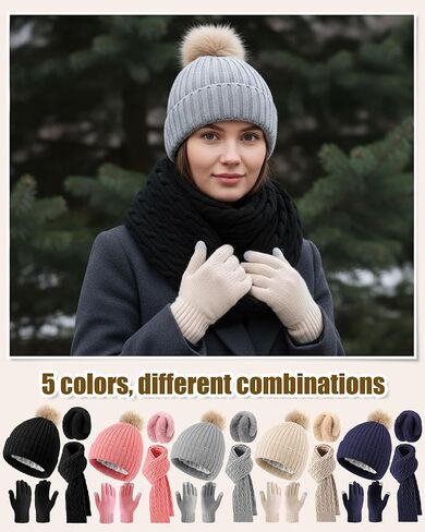 20 Pcs Women Winter Beanie Hat Scarf Gloves Earmuff Set Knit Pompom Hats Warm Scarves Touchscreen Gloves Ear Warmer in Saudi Arabia