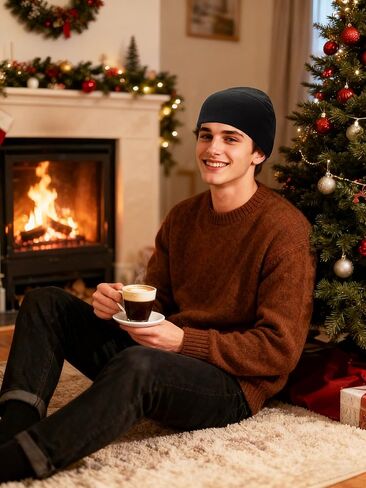 Winter Fleece Beanie, Wide Double-Layer Brim Warm Skull Cap, Windproof Lightweigh Sleep Hat for Men Women in Saudi Arabia