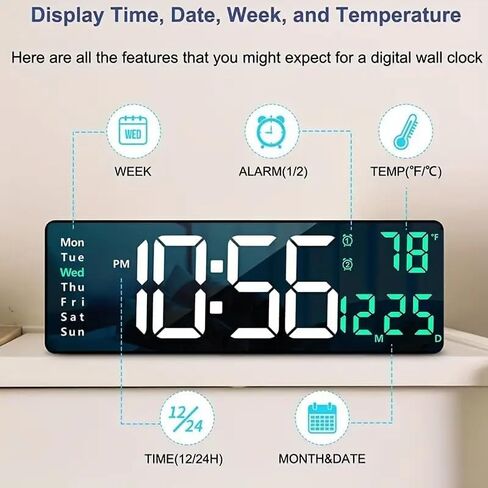 ساعة حائط رقمية LED كبيرة مقاس 16 بوصة من Ariie، تعديل السطوع، ساعة منبه مزدوجة، رطوبة درجة الحرارة، مؤقت العد التنازلي، وضع الذاكرة، لديكور مكتب غرفة المعيشة المنزلية in Kuwait