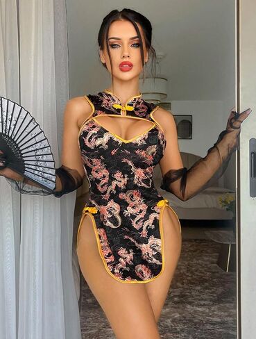 Sexy Lingerie Fantasy Costume Sexy Series Printed Cut-Out Slit Women's Costume Red S-XXL in Saudi Arabia