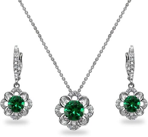 B. BRILLIANT Sterling Silver Genuine or Synthetic Gemstone 6mm Round-Cut Flower Dainty Slide Necklace & Leverback Earrings Set in Saudi Arabia