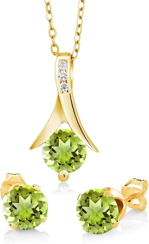 Gem Stone King 18K Yellow Gold Plated Silver Green Peridot Pendant and Earrings Jewelry Set For Women (3.00 Cttw, Round Gemstone Birthstone, with 18 Inch Chain) in Saudi Arabia
