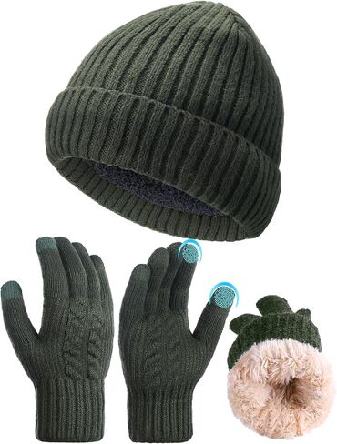 Bonuci 2 Pcs Winter Fleece Lined Beanie Cap Gloves Set Thermal Knit Beanie Hat Skull Cap Touchscreen Gloves Warm Gift for Men in Saudi Arabia