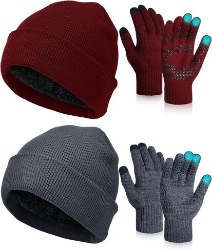 Geyoga 4 Pcs Winter Warm Beanie Touchscreen Gloves Set Soft Skull Cap Warm Fleece Lined Ski Hat Set Knit for Men in Saudi Arabia