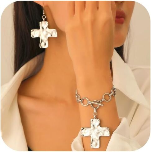 Chunky Gold Large Hammered Cross Dangle Earrings Bracelets for Women Trendy, Statement Thick Big Silver Cross Earring Bracelet Vintage Faith Jewelry Set in Saudi Arabia