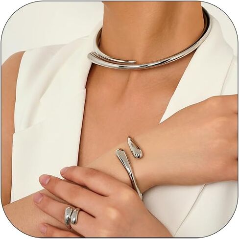 Chunky Gold Choker Necklace Bracelets Ring for Women Statement Golden/Silver Teardrop Open Cuff Collar Necklace Minimalist Fashion Jewelry Set Accessories for Women in Saudi Arabia