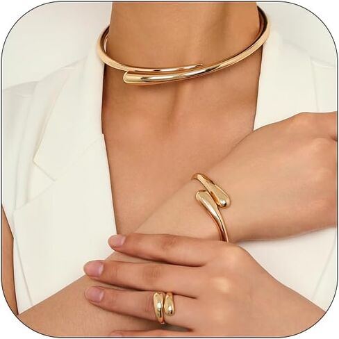 Chunky Gold Choker Necklace Bracelets Ring for Women Statement Golden/Silver Teardrop Open Cuff Collar Necklace Minimalist Fashion Jewelry Set Accessories for Women in Saudi Arabia