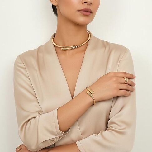 Chunky Gold Choker Necklace Bracelets Ring for Women Statement Golden/Silver Teardrop Open Cuff Collar Necklace Minimalist Fashion Jewelry Set Accessories for Women in Saudi Arabia