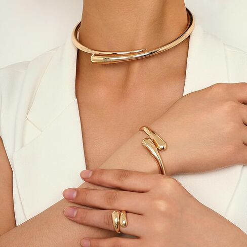 Chunky Gold Choker Necklace Bracelets Ring for Women Statement Golden/Silver Teardrop Open Cuff Collar Necklace Minimalist Fashion Jewelry Set Accessories for Women in Saudi Arabia