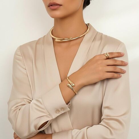 Chunky Gold Choker Necklace Bracelets Ring for Women Statement Golden/Silver Teardrop Open Cuff Collar Necklace Minimalist Fashion Jewelry Set Accessories for Women in Saudi Arabia