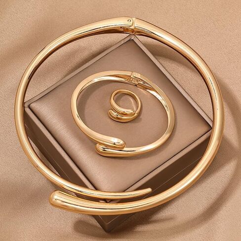 Chunky Gold Choker Necklace Bracelets Ring for Women Statement Golden/Silver Teardrop Open Cuff Collar Necklace Minimalist Fashion Jewelry Set Accessories for Women in Saudi Arabia