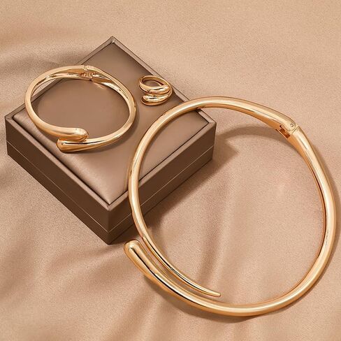 Chunky Gold Choker Necklace Bracelets Ring for Women Statement Golden/Silver Teardrop Open Cuff Collar Necklace Minimalist Fashion Jewelry Set Accessories for Women in Saudi Arabia