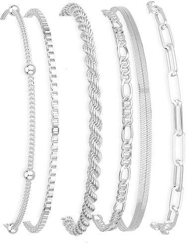 Dainty Silver Bracelets for Women Trendy - Sterling Silver Jewelry Set for Women, 6 PCS Stackable Bracelets Chain Bracelet Fashion Accessories Pack, Gifts for Women, Mom, Wife, Girlfriend in Saudi Arabia