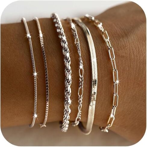 Dainty Silver Bracelets for Women Trendy - Sterling Silver Jewelry Set for Women, 6 PCS Stackable Bracelets Chain Bracelet Fashion Accessories Pack, Gifts for Women, Mom, Wife, Girlfriend in Saudi Arabia